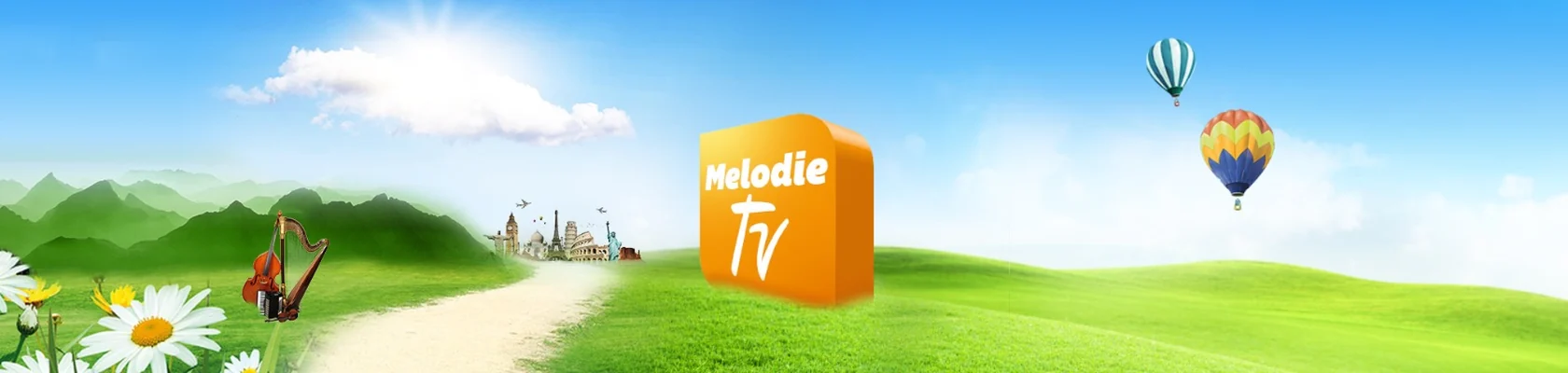 Melodie-TV-Logo mit Wiesen, Instrumenten und Heißluftballons